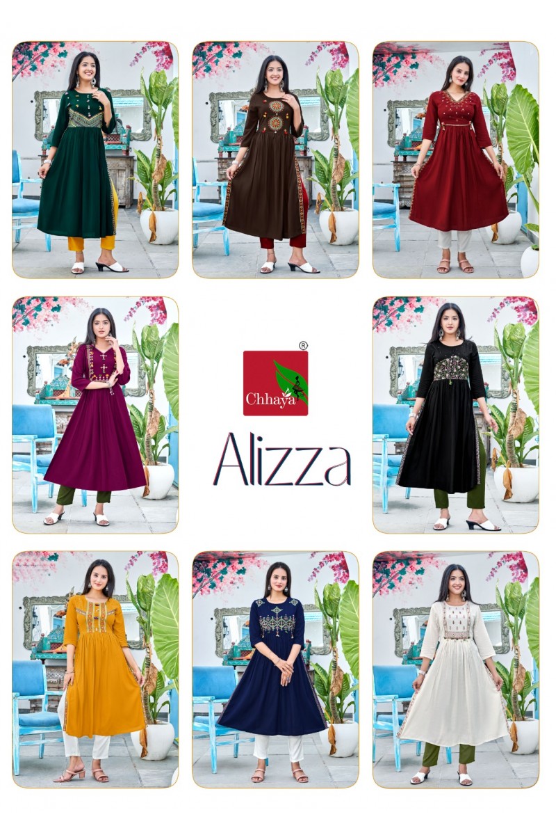 Chhaya Alizza Rayon Designer Naira Cut Latest Kurti Designs Exporter