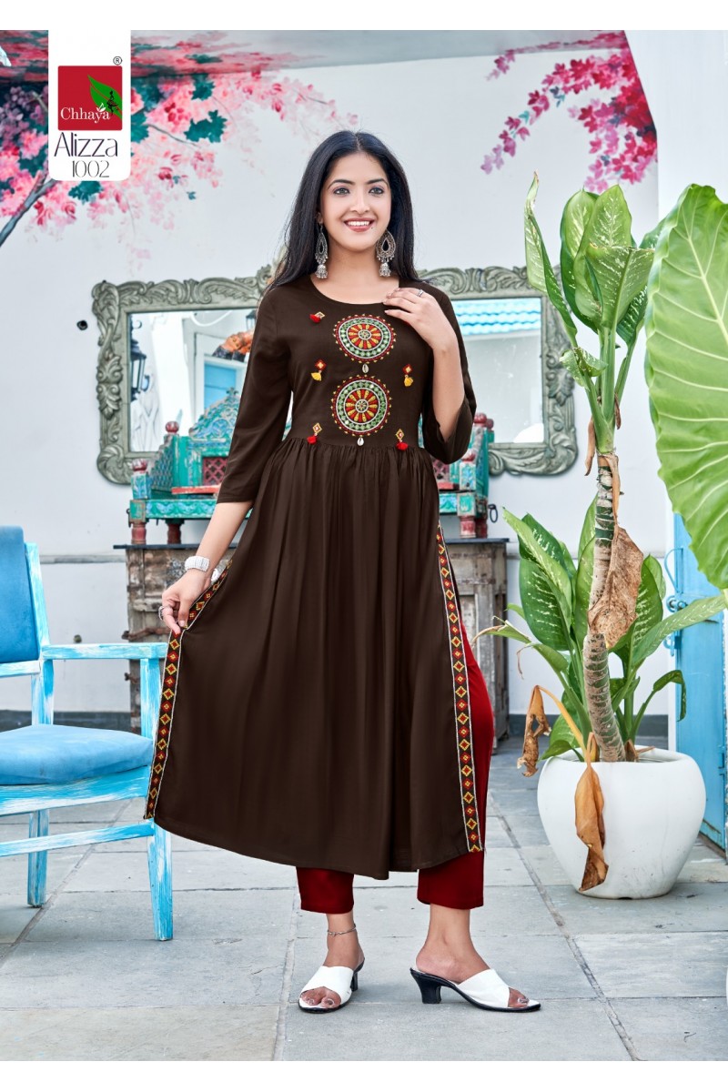 Chhaya Alizza Rayon Designer Naira Cut Latest Kurti Designs Exporter