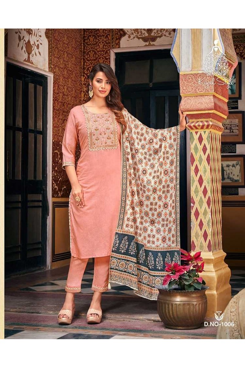 Kajal Style Ambarasiya Vol-1 Chanderi Silk Kurti With Pant Dupatta Set