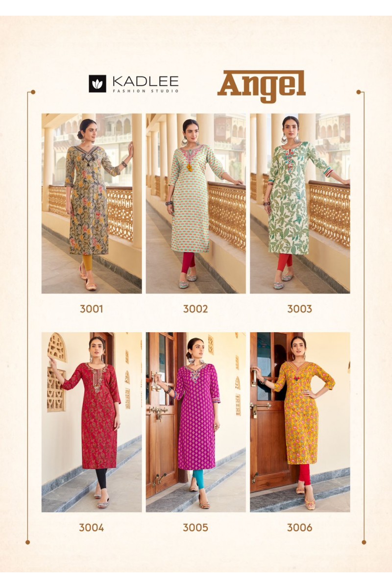 Kadlee Angel Ladies Wear Rayon Printed Straight Kurti Catalog Wholesaler