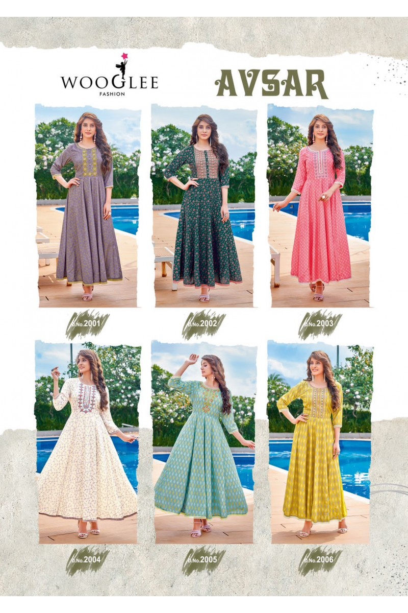 Wooglee Avsar Fancy Rayon Print Exclusive Kurti Gown Catalog Dealers