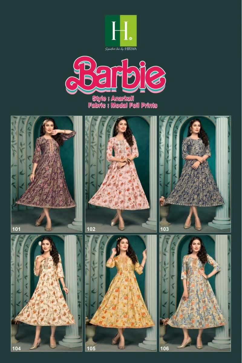 Hirwa Barbie Anarkali Modal Printed Kurti Catalogue Set Wholesaler