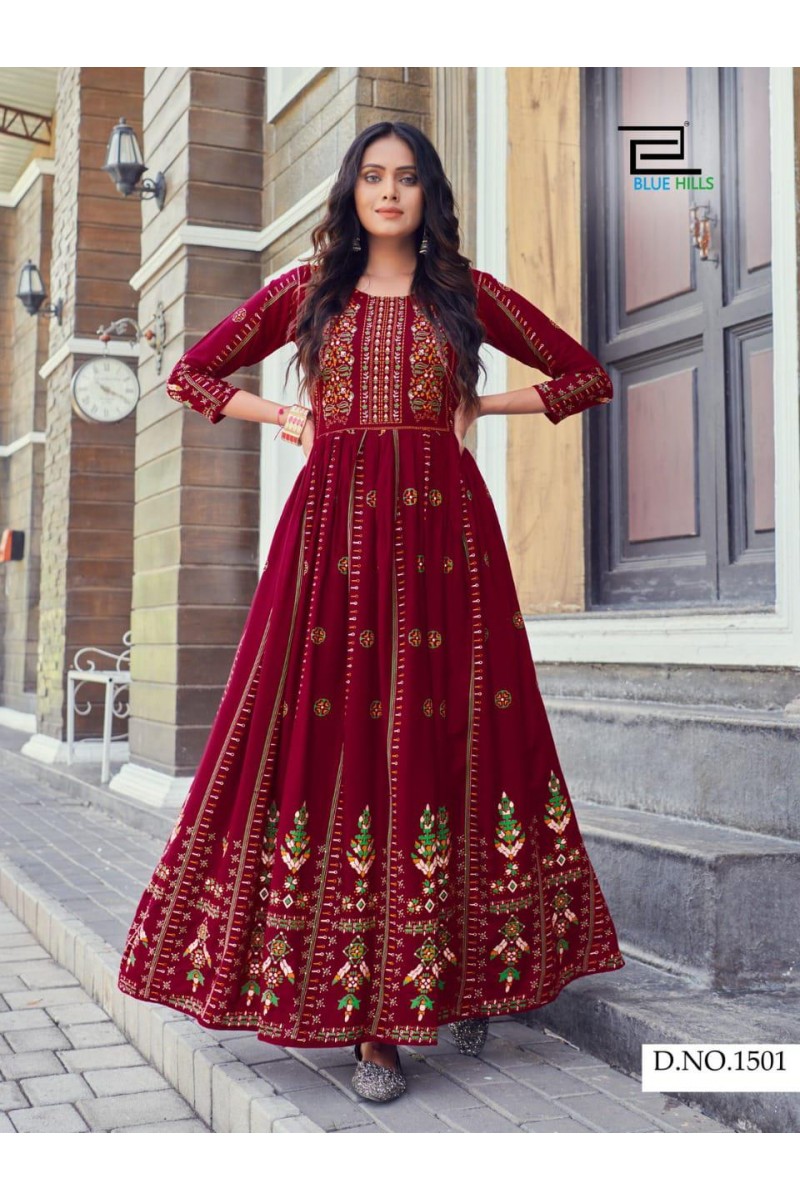 Blue Hills Bela Wholesale ANarkali Style Heavy Rayon Printed Women's Gowns