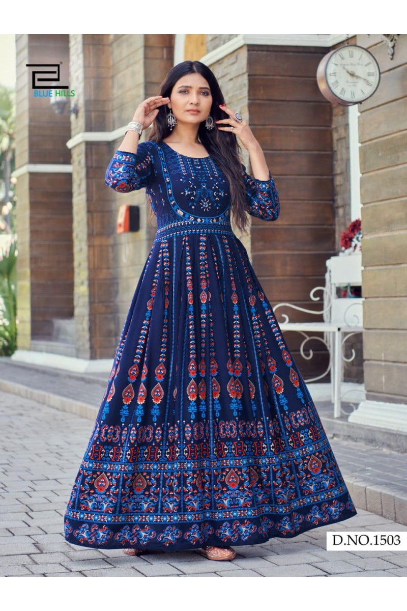 Blue Hills Bela Wholesale ANarkali Style Heavy Rayon Printed Women's Gowns