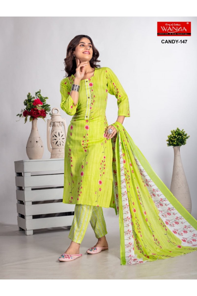 Wanna Candy-147 Designer Cotton Kurti Pant Dupatta Pair Size Set Designs