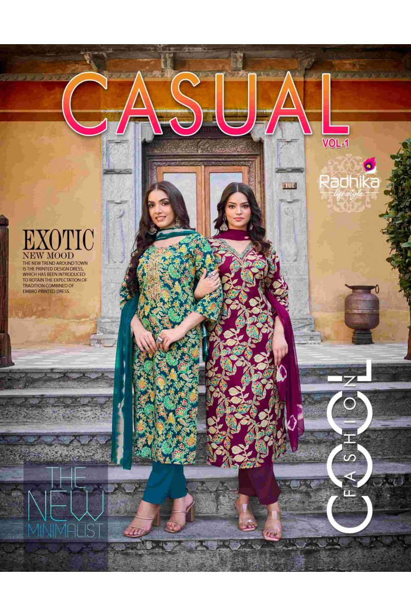 Radhika Lifestyle Casual Vol-1 Fancy Rayon Kurti Pant Dupatta Set Wholesales
