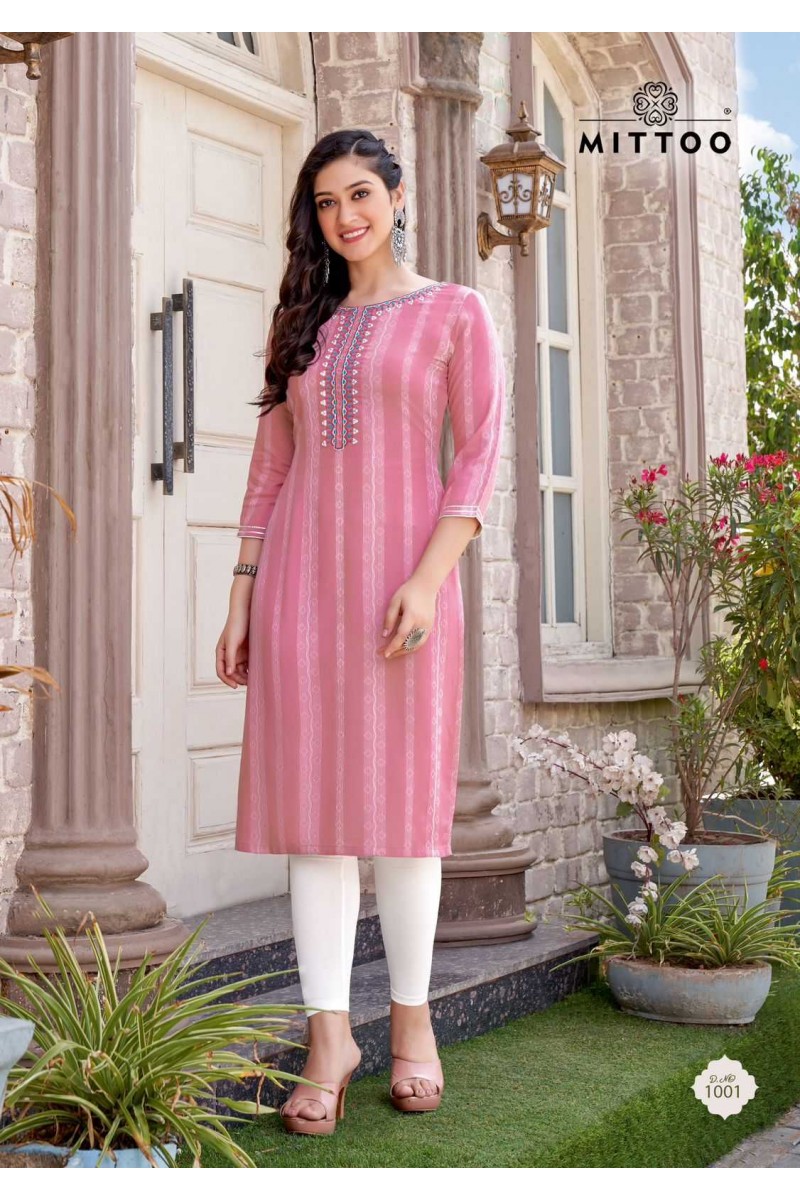 Mittoo Chand Ladies Wear Latest Rayon Kurti Catalog Set Wholesaler