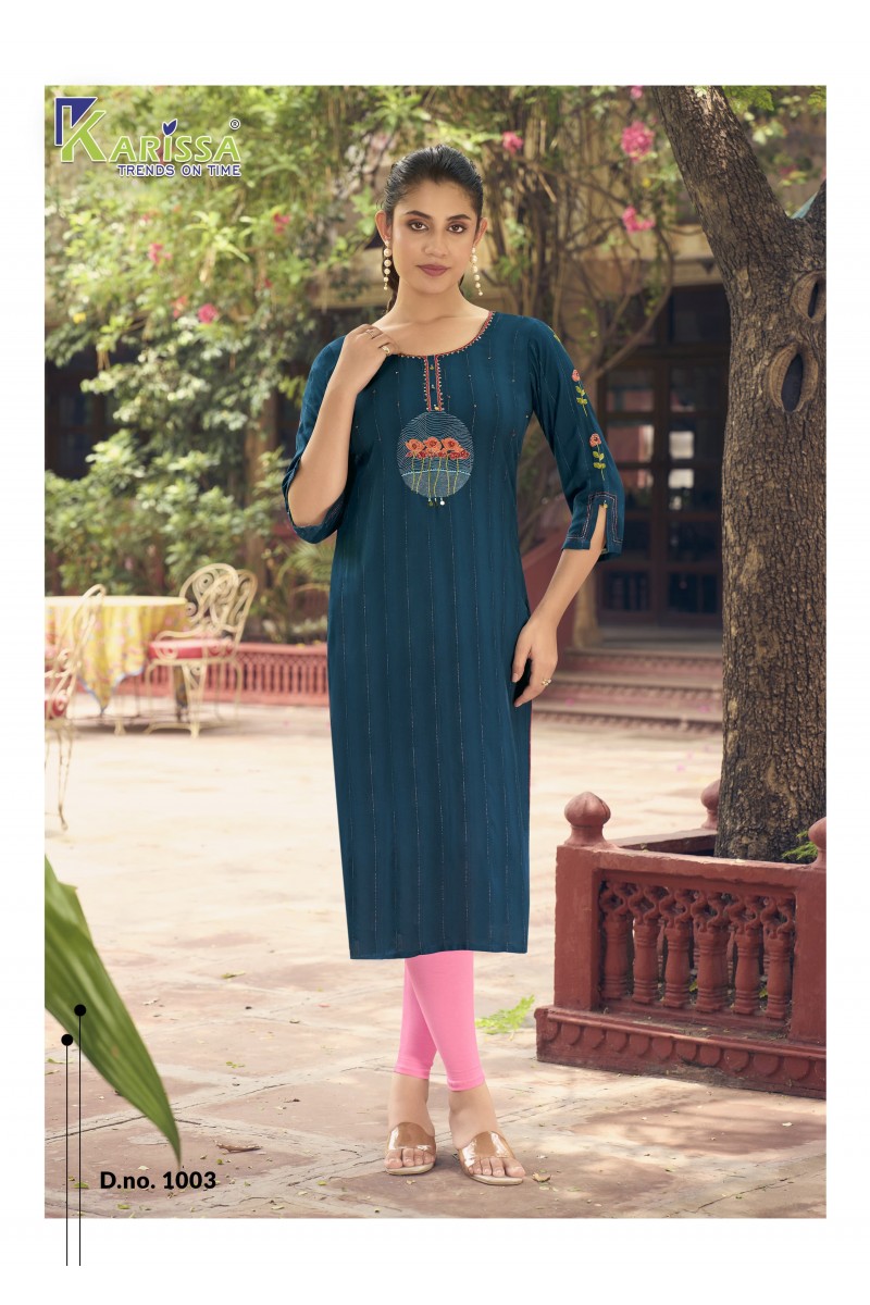 Karissa Charvee Heavy Rayon With Handwork Straight Cut Kurtis Collection