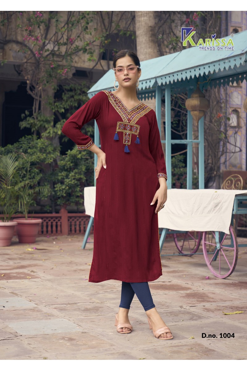 Karissa Charvee Heavy Rayon With Handwork Straight Cut Kurtis Collection