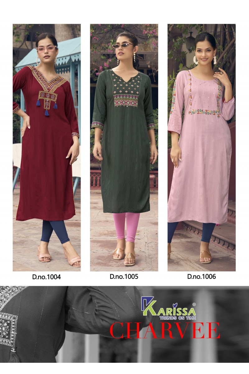 Karissa Charvee Heavy Rayon With Handwork Straight Cut Kurtis Collection