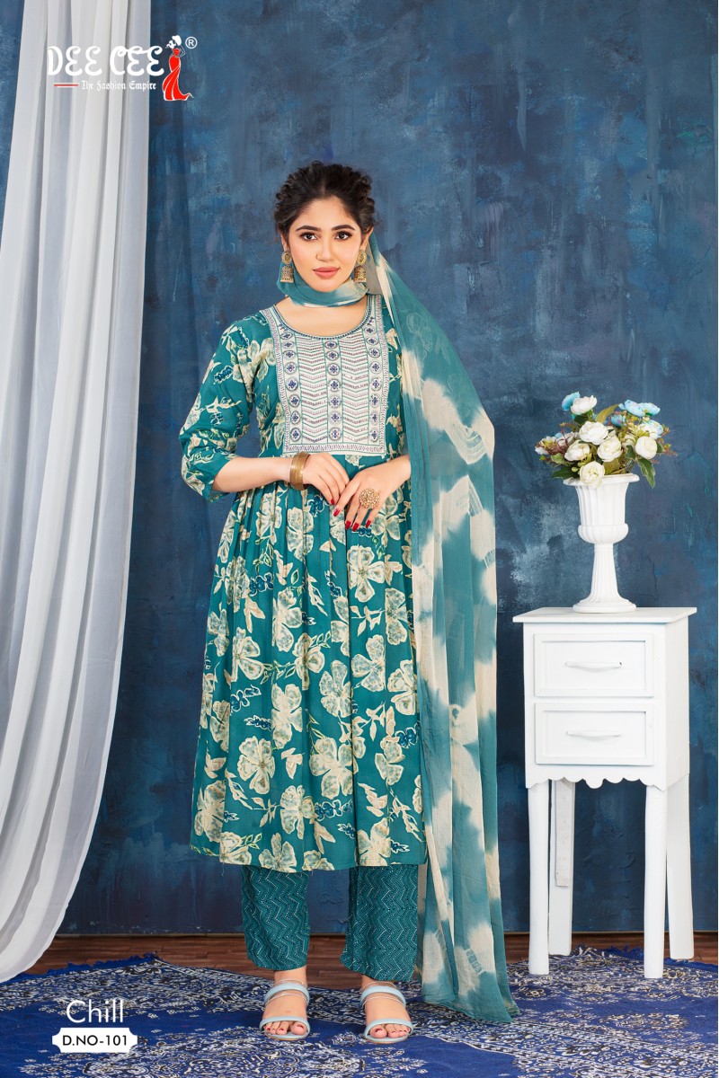 Dee Cee Chill Casual Wear Rayon Printed Kurti Pant Dupatta Collection