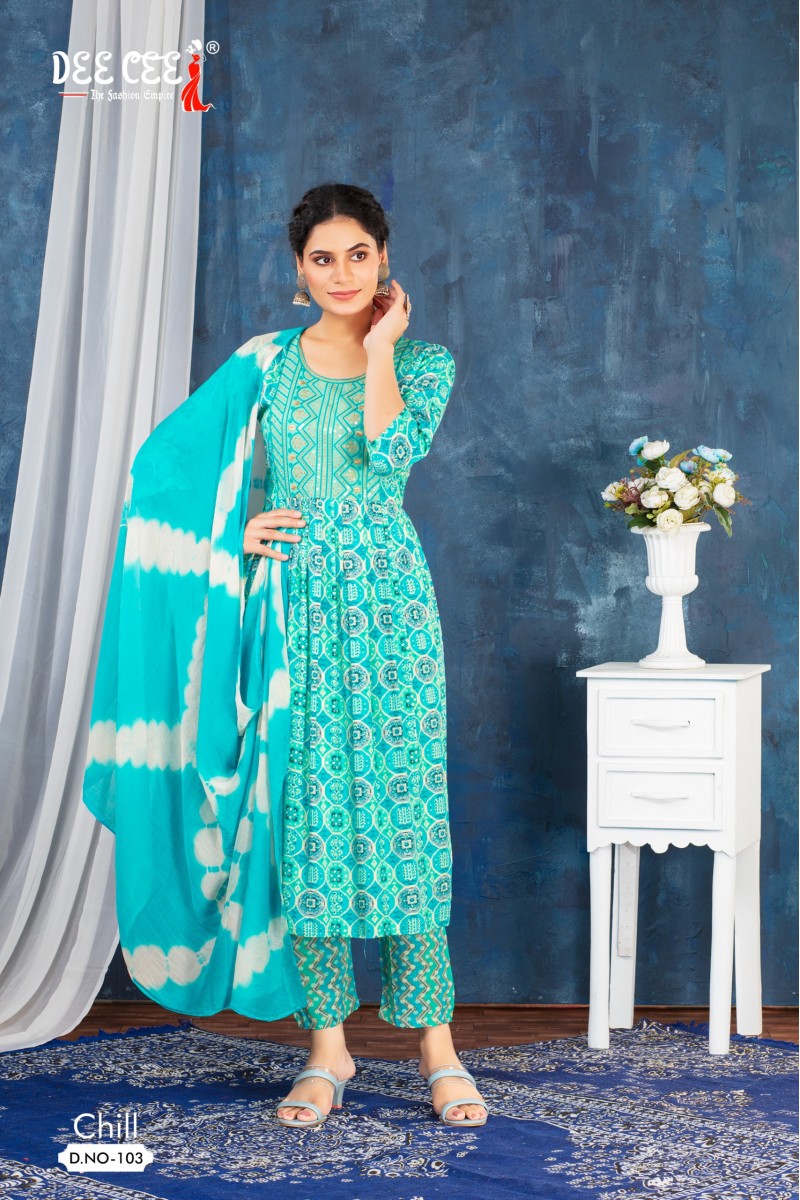 Dee Cee Chill Casual Wear Rayon Printed Kurti Pant Dupatta Collection