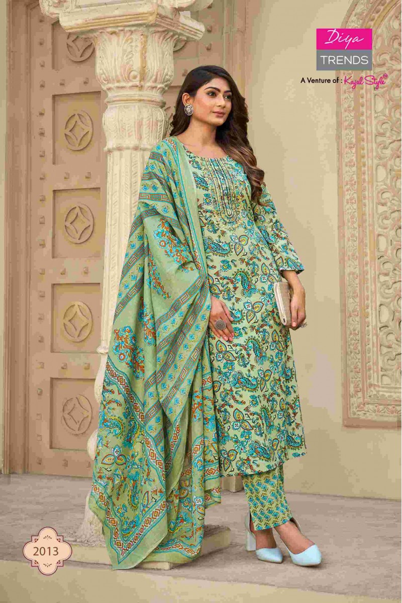 Diya Trends D.No-2013 Designer Cotton Kurti Pant Dupatta Set Wholesaler