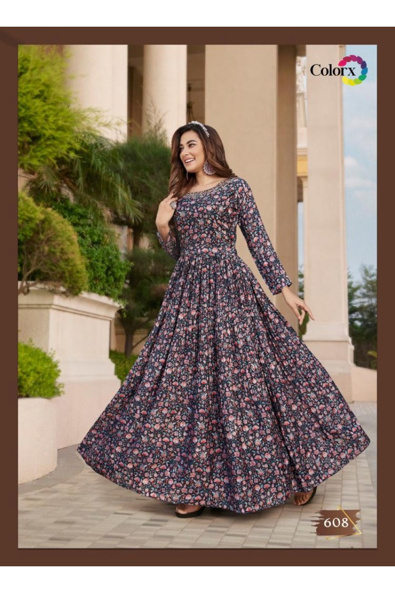 Colorx D.No-608 Chinon Digital Print Size Set Gowns With Belt At Wholesale Price