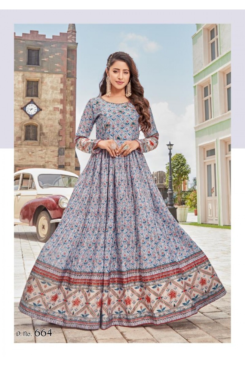 Colorx D.No-664 Chinon Digital Print Size Set Gowns With Belt At Wholesale Price