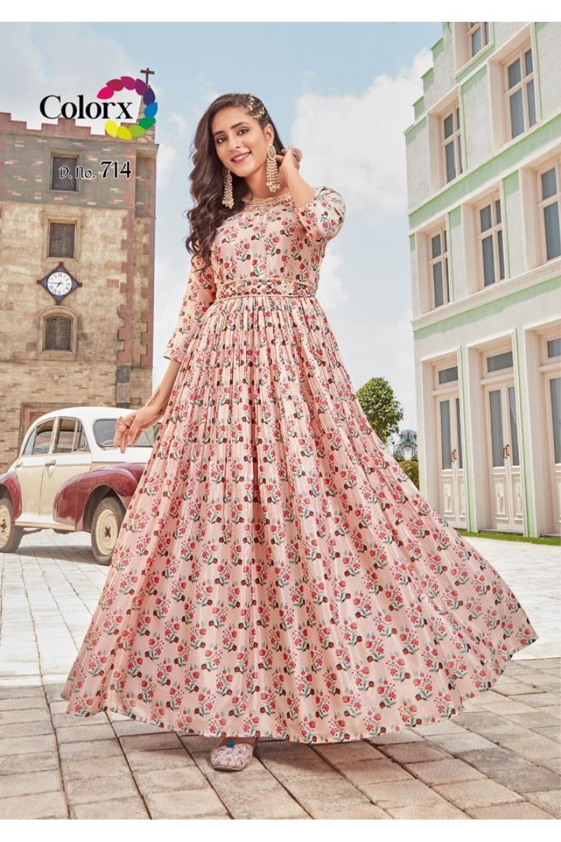 Colorx D.No-714 Chinon Digital Print Size Set Gowns With Belt At Wholesale Price