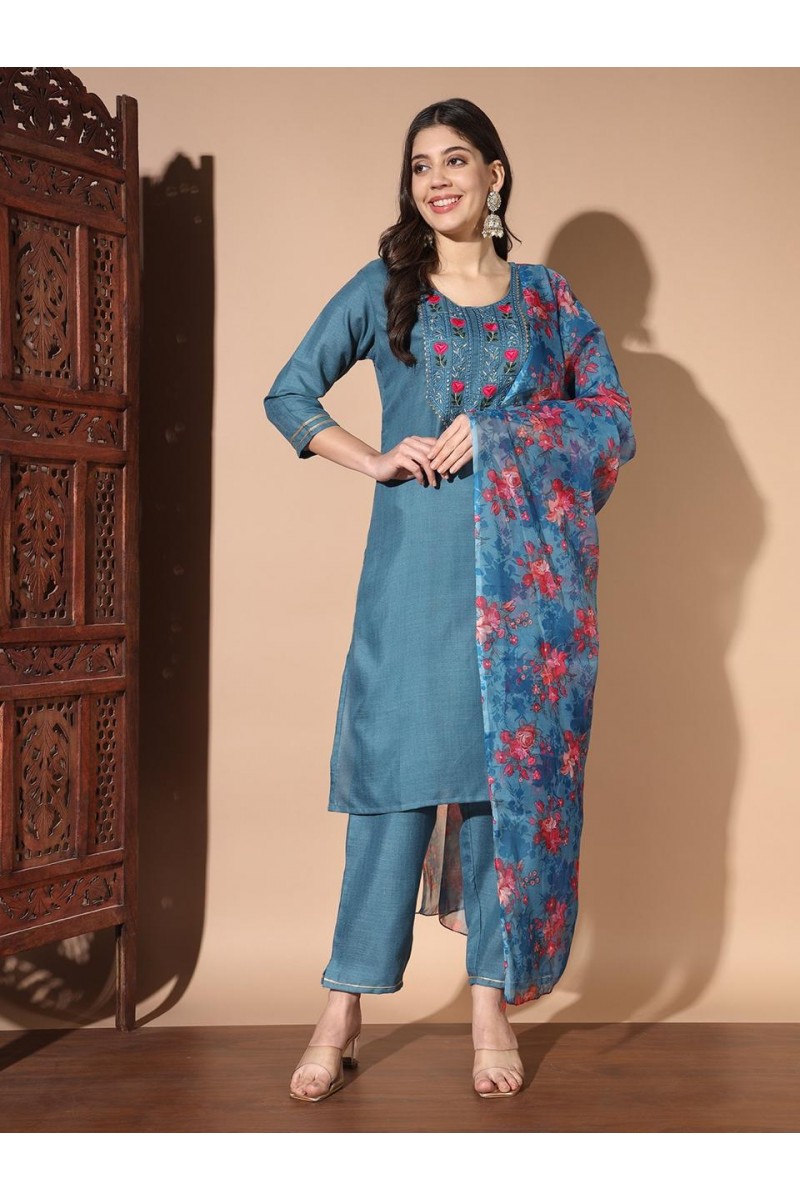 D.No-W3102 Straight Cut Cotton With Embroidery Work Combo Set Kurtis