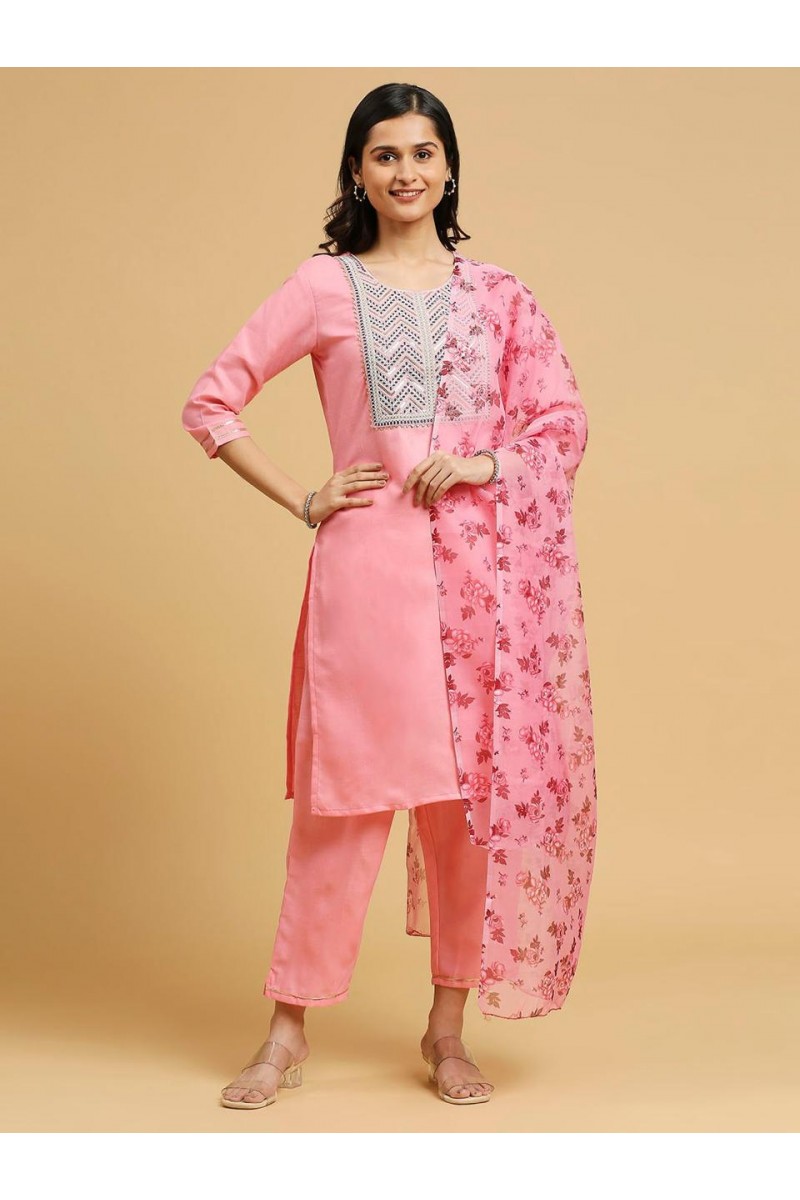 D.No-W3103 Straight Cut Cotton With Embroidery Work Combo Set Kurtis