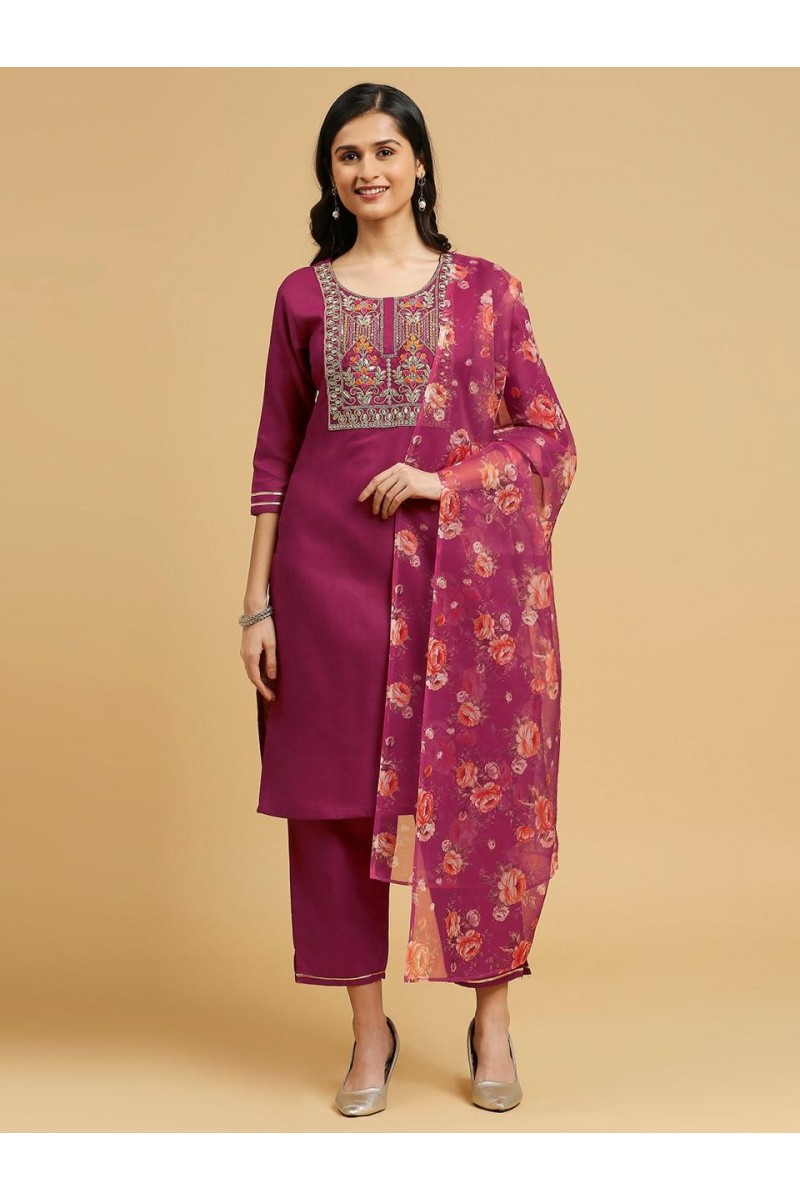 D.No-W3107 Straight Cut Cotton With Embroidery Work Combo Set Kurtis