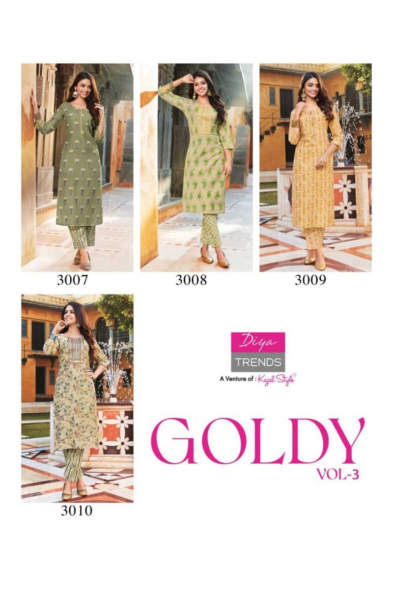 Diya Trends Goldy Vol-3 Designer Chanderi Foil Print Kurti Catalogue
