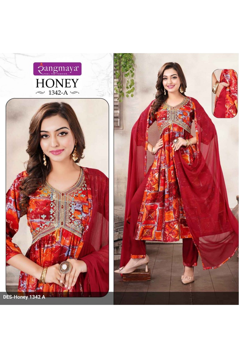 Rangmaya Honey-1342-A Festive Wear Print Kurti Pant Dupatta Pair Designs