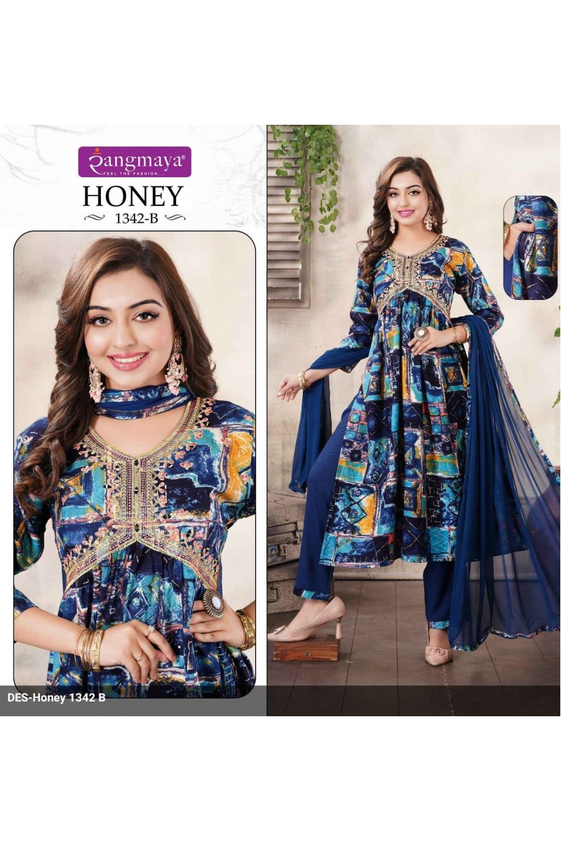 Rangmaya Honey-1342-B Festive Wear Print Kurti Pant Dupatta Pair Designs