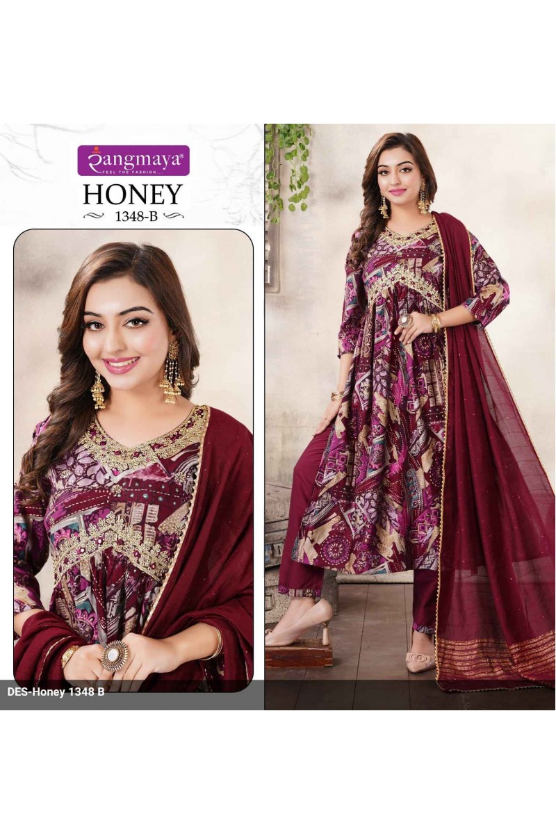 Rangmaya Honey-1349-B Festive Wear Print Kurti Pant Dupatta Pair Designs