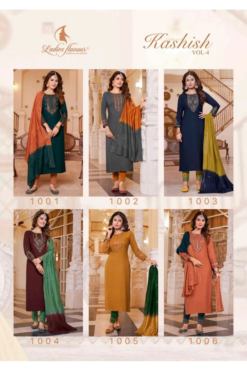 Ladies Flavour Kashish Vol-4 Rayon Kurti With Pant Dupatta Catalogue