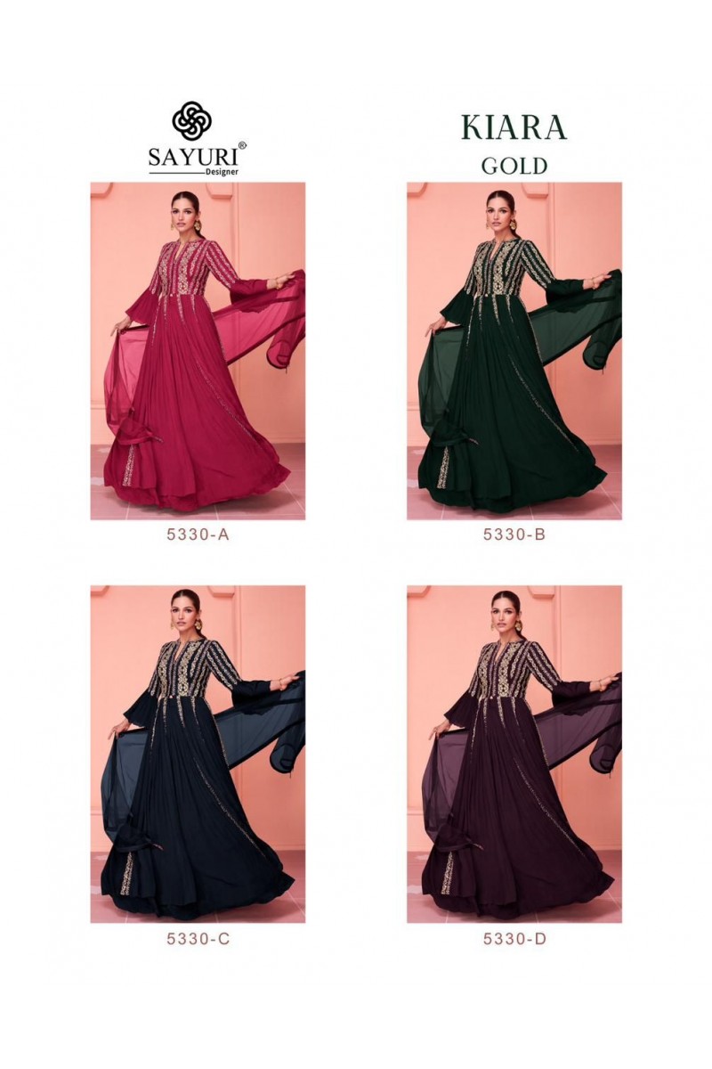 Sayuri Designer Kiara Gold Georgette Full Stitch Gown With Dupatta