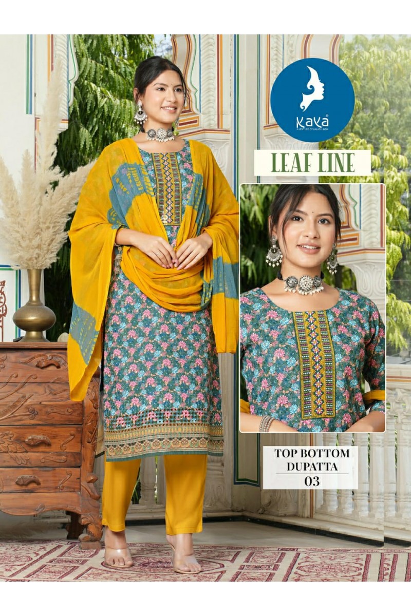 Kaya Leaf Line Cotton Printed Designer Top Bottom With Dupatta Catalogue