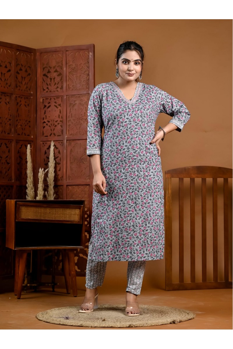 MD-101 Cotton Straight Cut Kurti With Pant Combo Size Set Collection