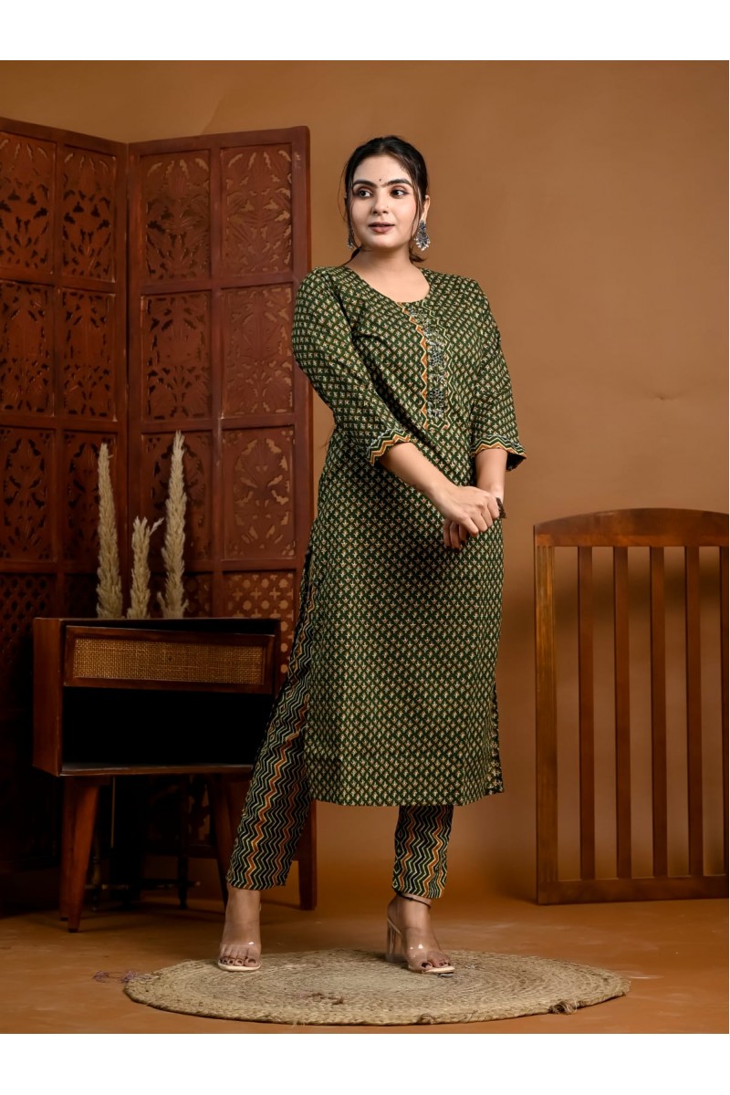 MD-102 Cotton Straight Cut Kurti With Pant Combo Size Set Collection