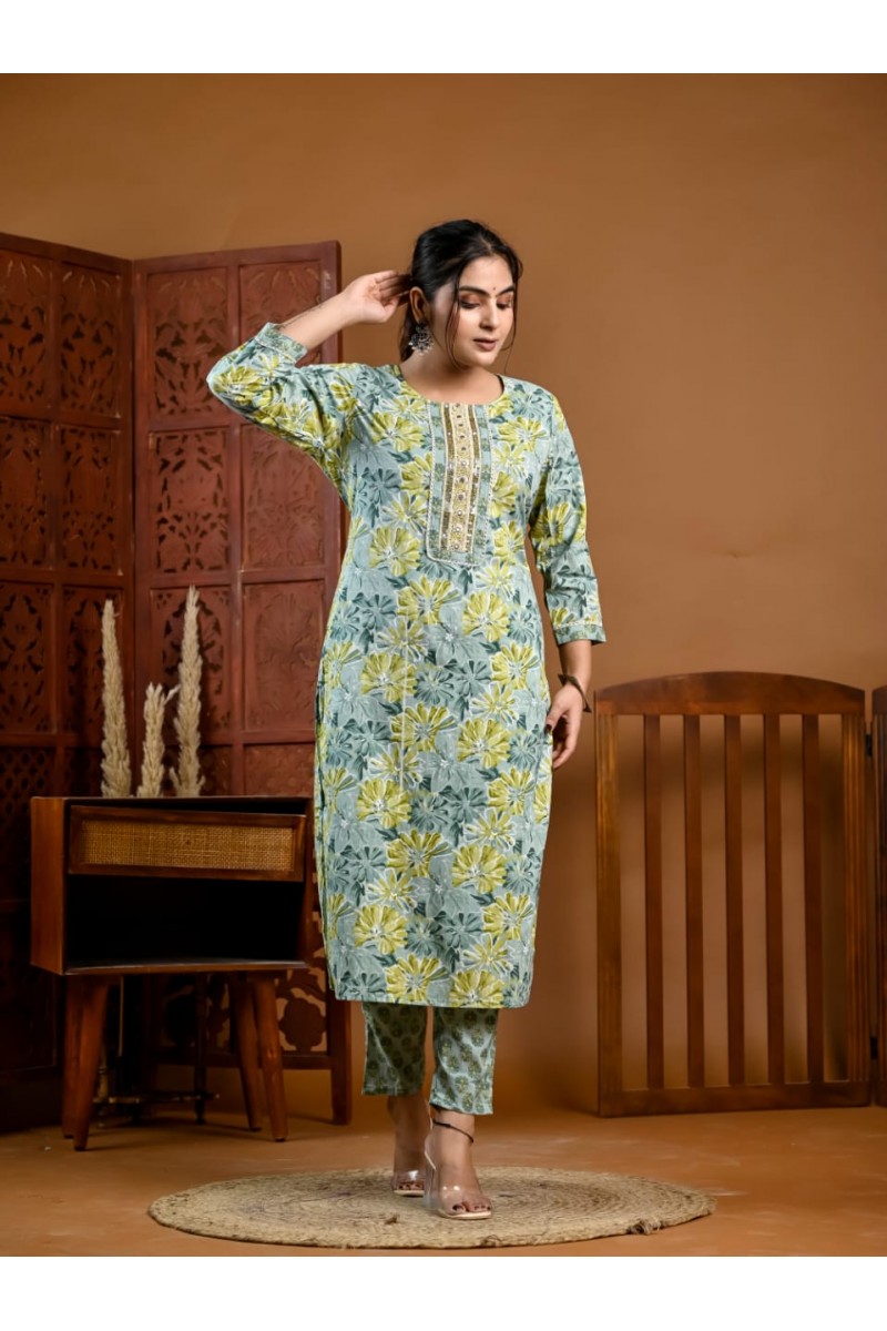 MD-103 Cotton Straight Cut Kurti With Pant Combo Size Set Collection