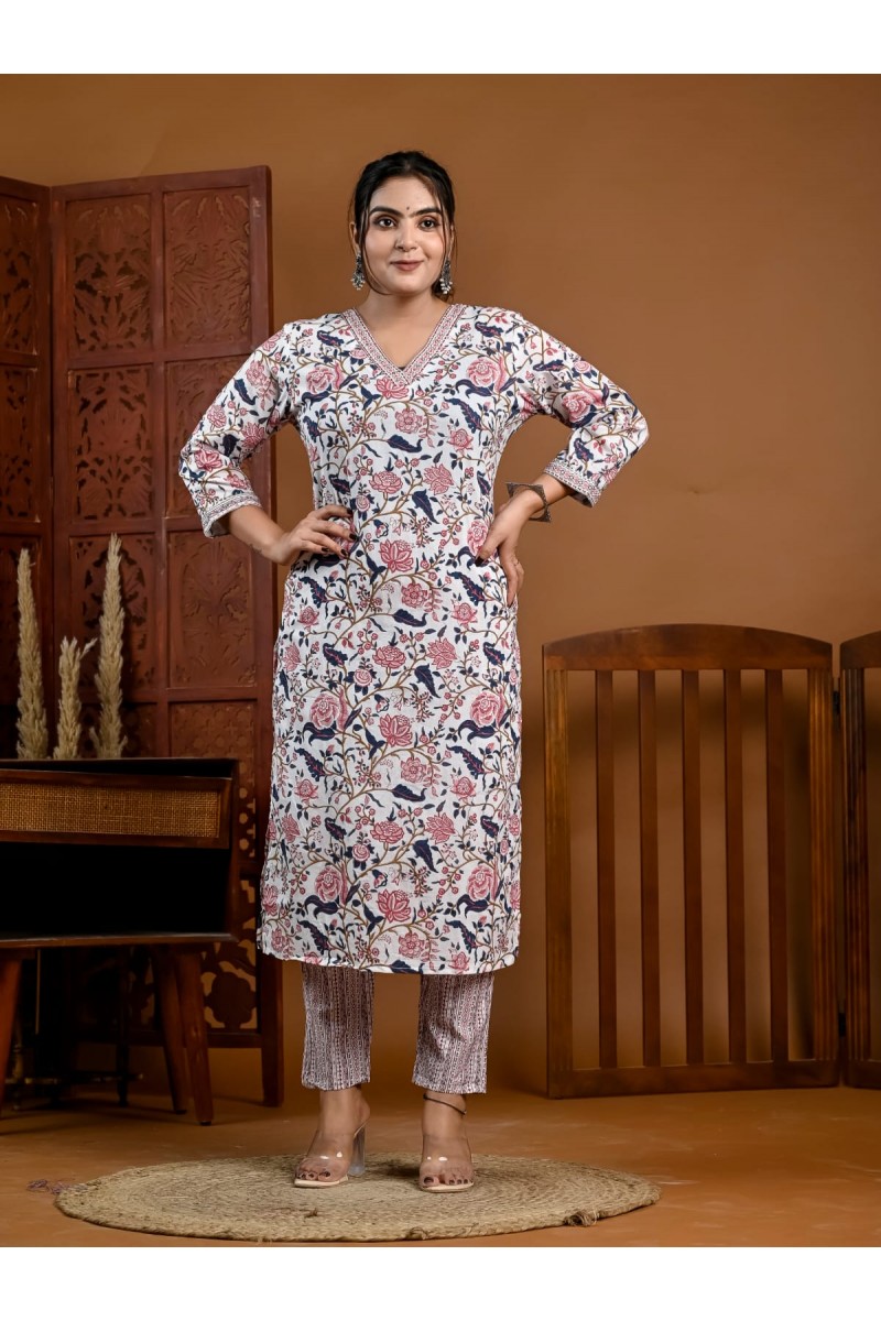 MD-104 Cotton Straight Cut Kurti With Pant Combo Size Set Collection