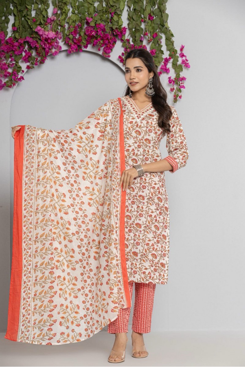 MD-3024 Straight Cut Cotton Kurti Pant With Dupatta Combo Set Collection