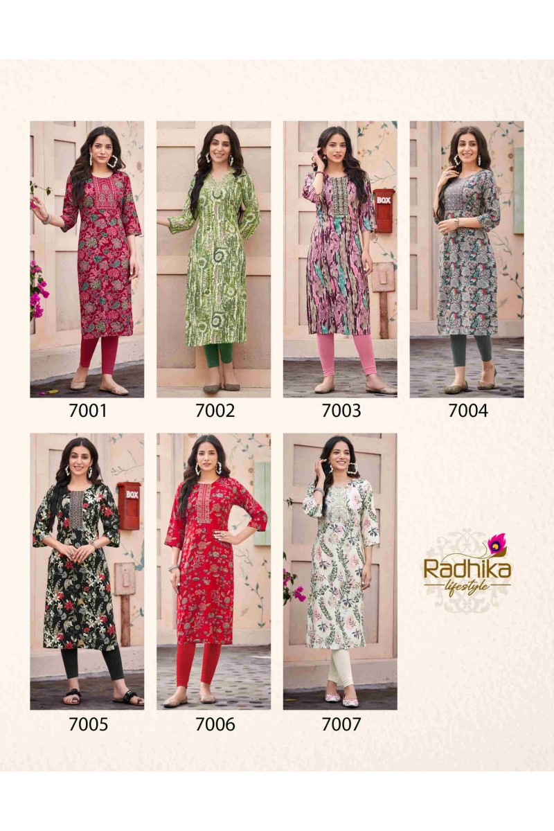Radhika Lifestyle Pahal Vol-7 Rayon Print Designer Kurtis Catalogue Manufacturer
