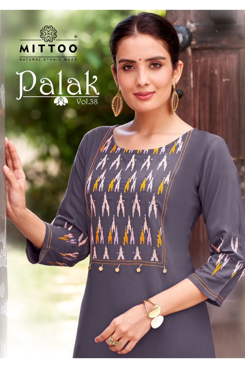Mittoo Palak Vol-38 Wholesale Designer Rayon Embroidery Work Kurtis