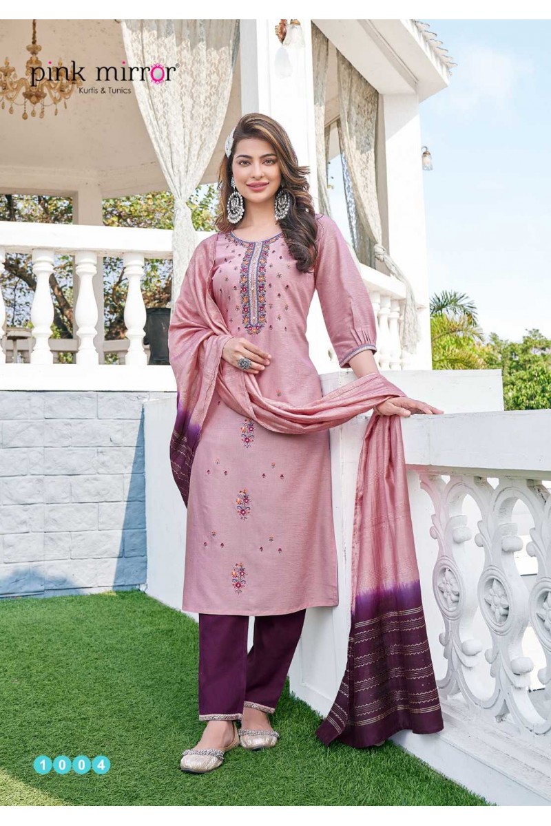 Pink Mirror Poetry Kurti, Pant With Dupatta For Ladies Collection