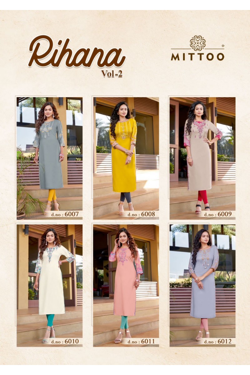 Mittoo Rihana Vol-2 Rayon Casual Wear Full Stitch Kurti Catalogue Set