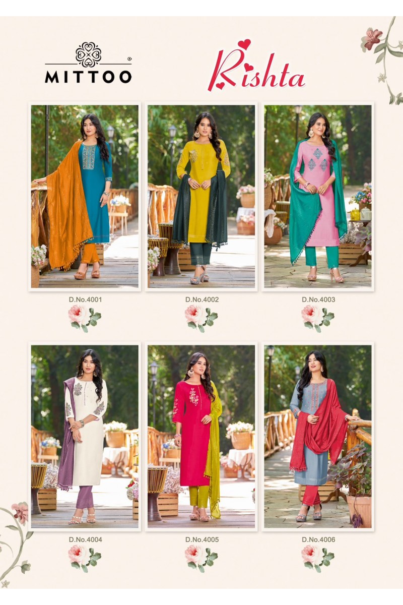 Mittoo Rista Rayon Weaving Kurti Pant With Dupatta Catalog Wholesale