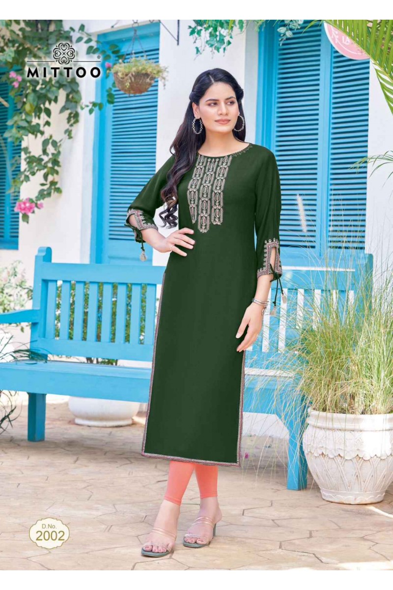 Mittoo Styli Rayon With Embroidery Work Straight Fancy Kurti Collection