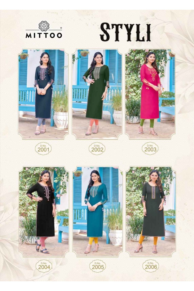 Mittoo Styli Rayon With Embroidery Work Straight Fancy Kurti Collection