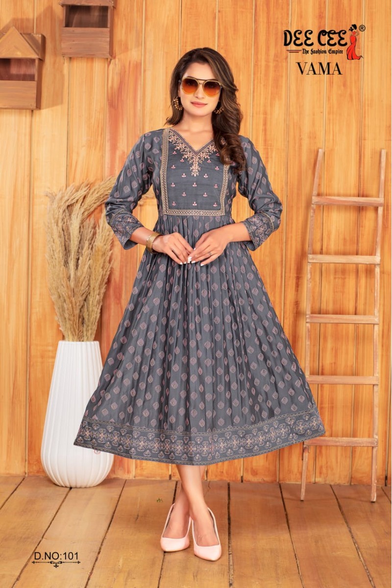 Dee Cee Vama Chanderi Print Embroidery Work Kurtis Wholesaler