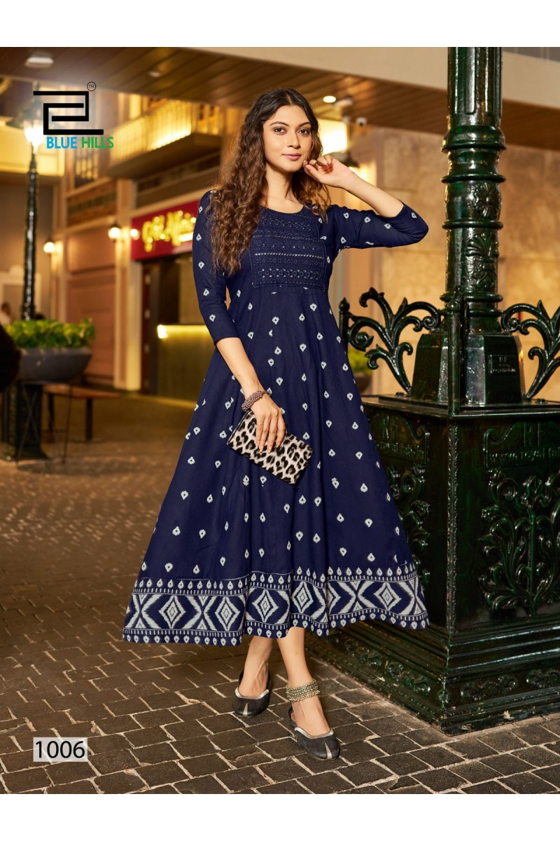 Blue Hills Zudio Anarkali Style Rayon With Embroidery Work Kurtis Apparels