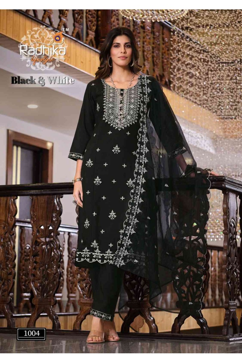 Radhika Lifestyle Black & White l Vol-1 Kurti Pant Dupatta Set Suppliers