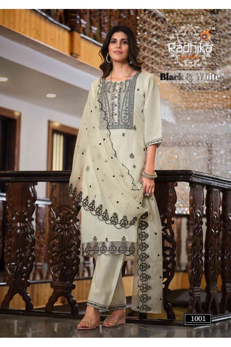 Radhika Lifestyle Black & White l Vol-1 Kurti Pant Dupatta Set Suppliers