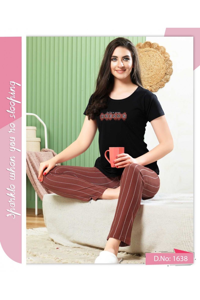 D.No-1638 Designer Classic Stripe Pattern Hosiery Pajama Combo Set