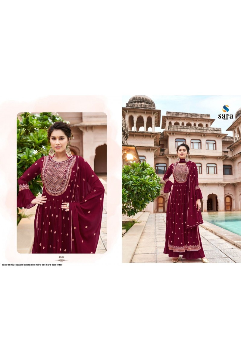 Sara Trendz Rajwadi Embroidery Palazzo Georgette Salwar Suit Catalog Exporter