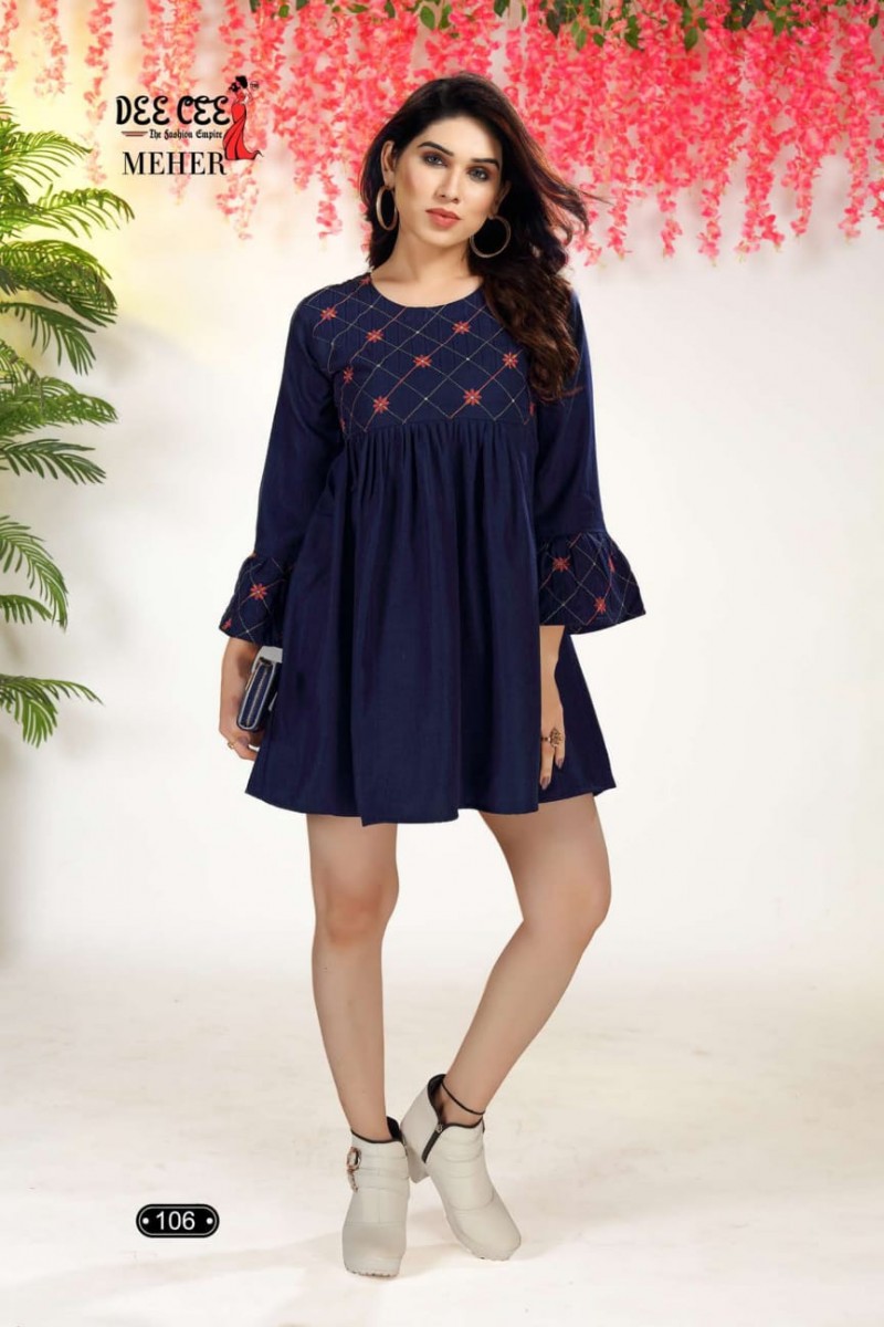 Dee Cee Meher Readymade Full Stitch Rayon Tunic Top Catalogue Set